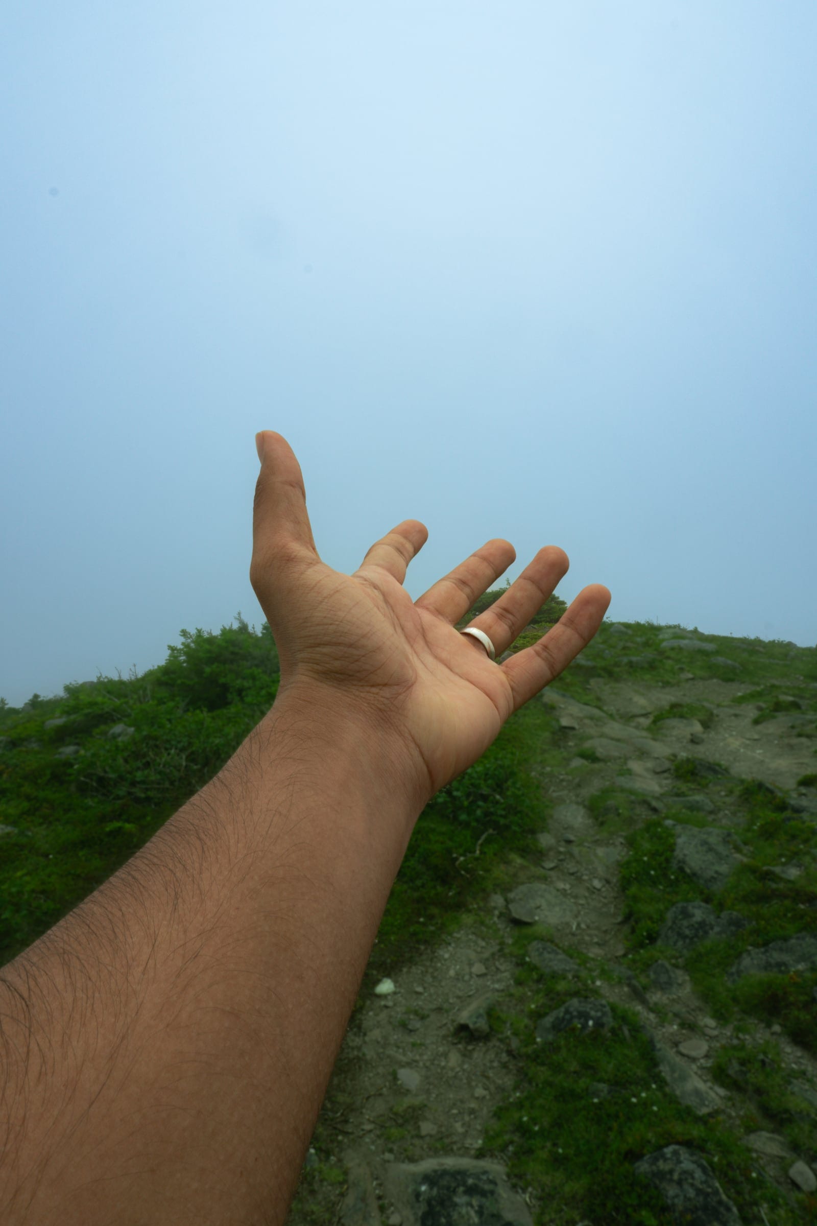 An outstretched hand held up against a pale foggy sky above a grassy hilltop.