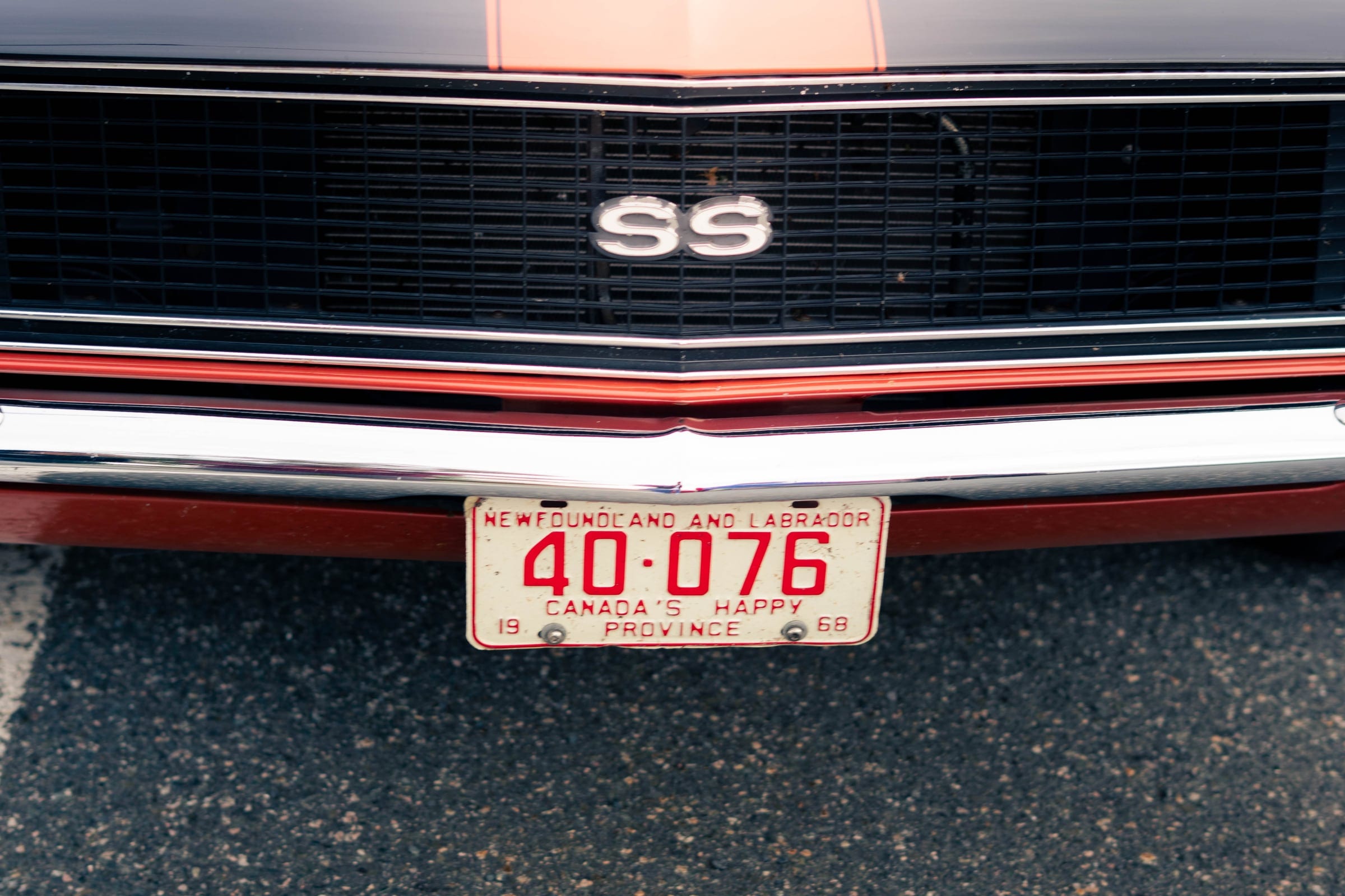 An SS badge on a black grille above a Newfoundland and Labrador plate.